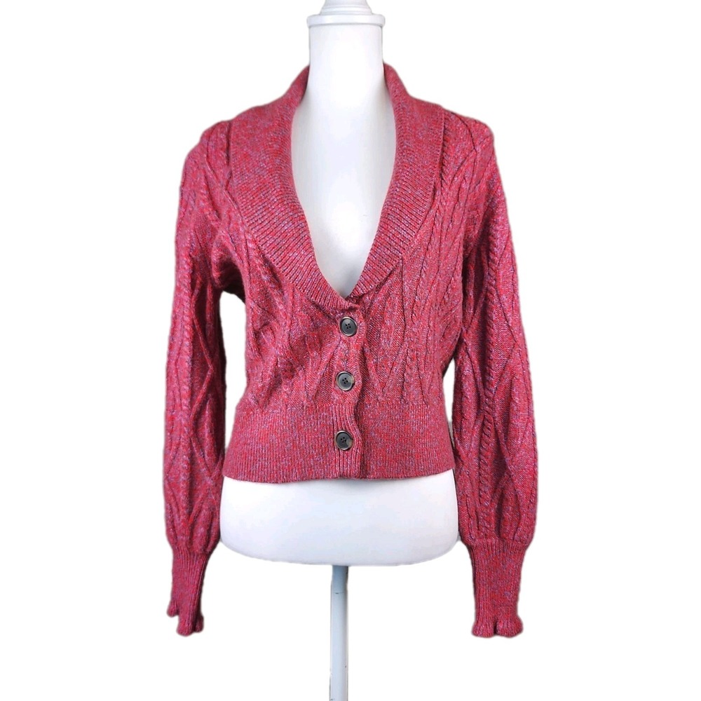 Draper James Cable Knit Cardigan Sweater Womens Small Red Shawl‎ Collar Classic